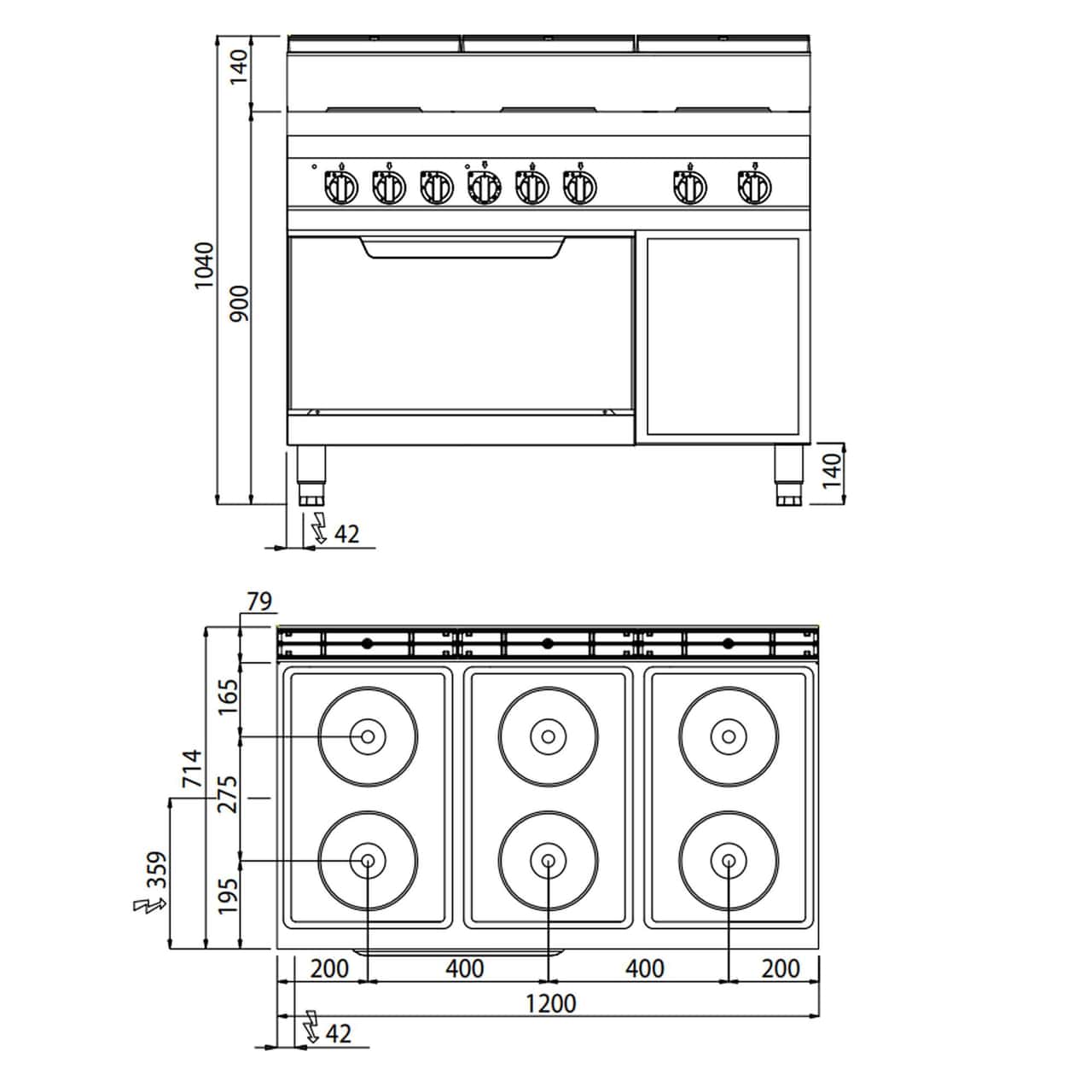 Elektroherd - 15,6 kW - 6 Platten Rund - inkl. Elektroofen Statisch - 7,5 kW