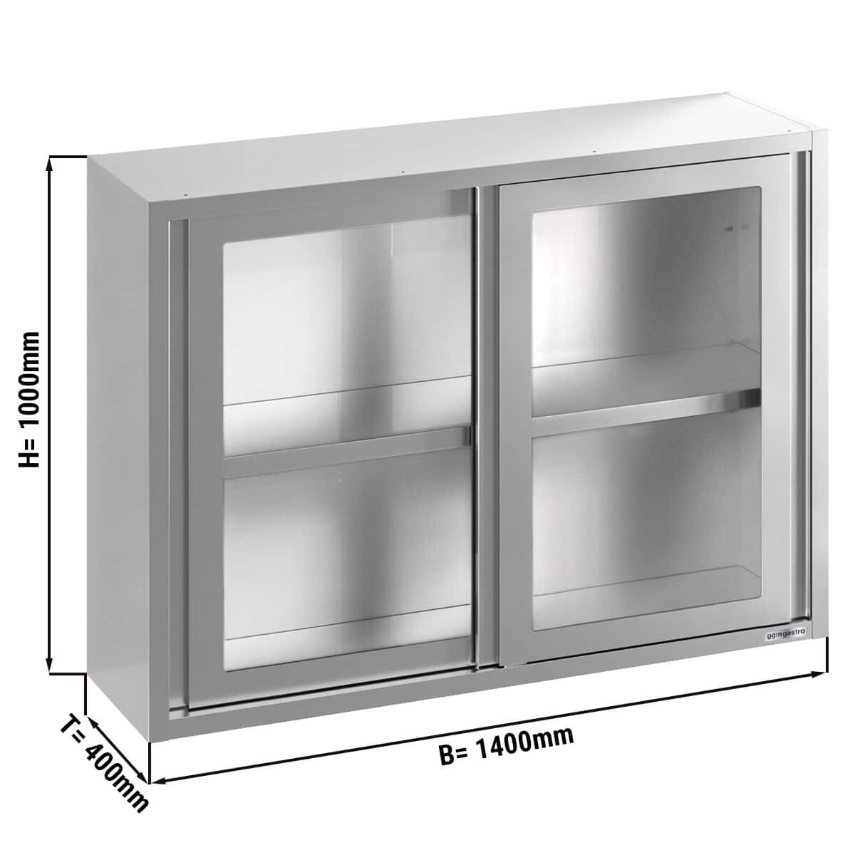 Edelstahl Wandhängeschrank - 1400x400mm - mit Glasschiebetür - 1000mm hoch