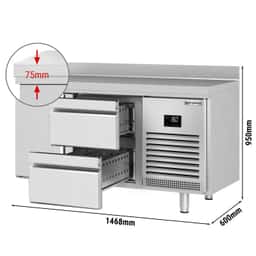 Kühltisch Premium PLUS - 1468x600mm - mit 1 Tür & 2 Schubladen & mit Aufkantung