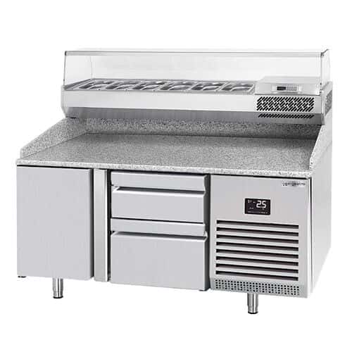 Pizza preparation table Premium PLUS - 1490x700mm - with 1 door & 2 drawers - incl. refrigerated display case - 6x GN 1/4