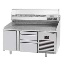 Pizza preparation table Premium PLUS - 1490x700mm - with 1 door & 2 drawers - incl. refrigerated display case - 6x GN 1/4