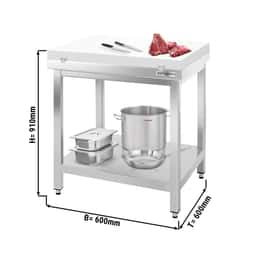 Edelstahl Arbeitstisch PREMIUM - 600x600mm - mit Grundboden ohne Aufkantung inkl. Schneideplatte