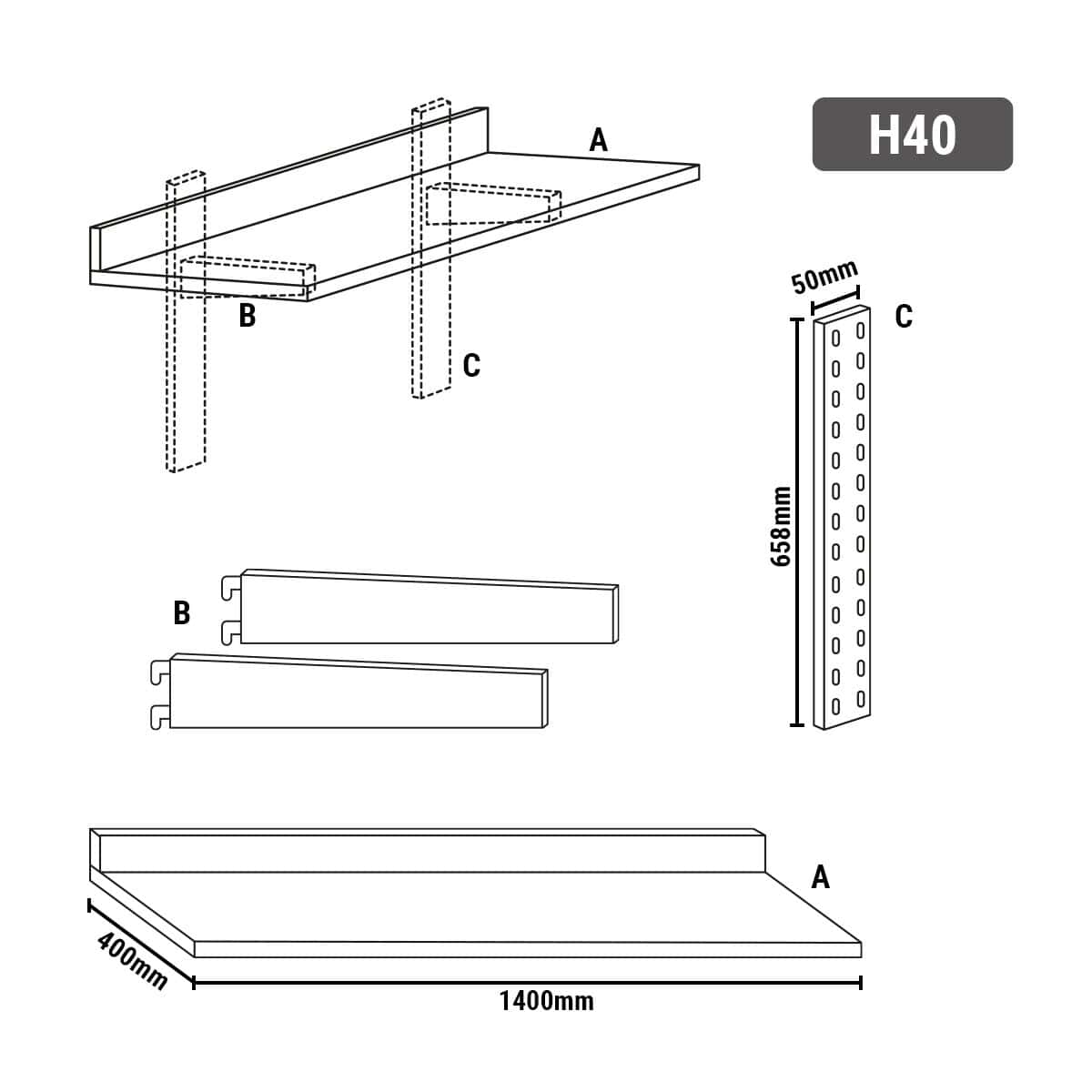 Wandborde PREMIUM - 1400x400mm - mit 1 Etage