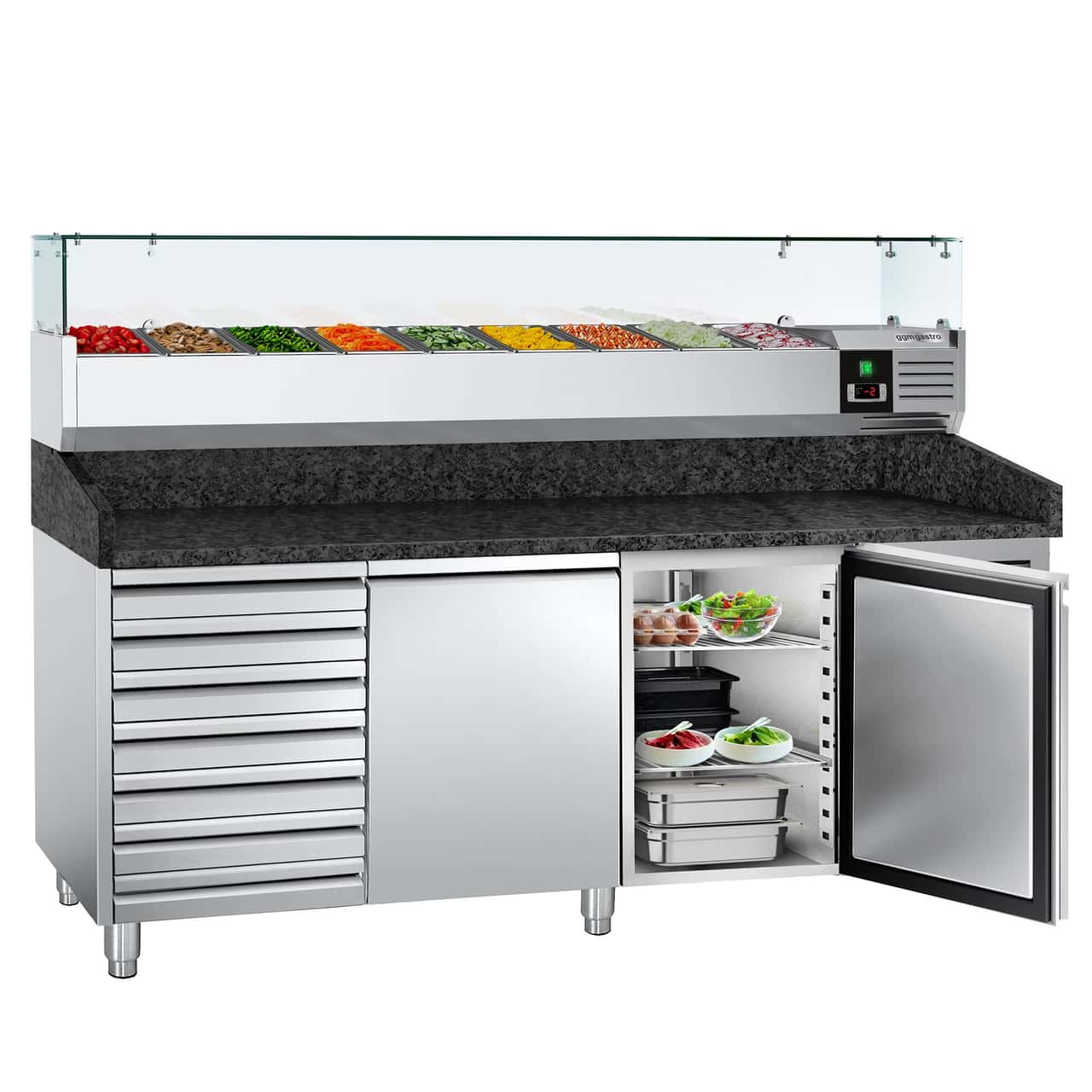 Pizzakühltisch PREMIUM - 2000x800mm - mit 2 Türen & 7 Schubladen - inkl. Kühlaufsatzvitrine - 9x GN 1/3