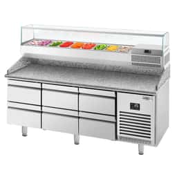 Pizza preparation table Premium PLUS - 1980x700mm - with 6 drawers - incl. refrigerated display case - 9x GN 1/4