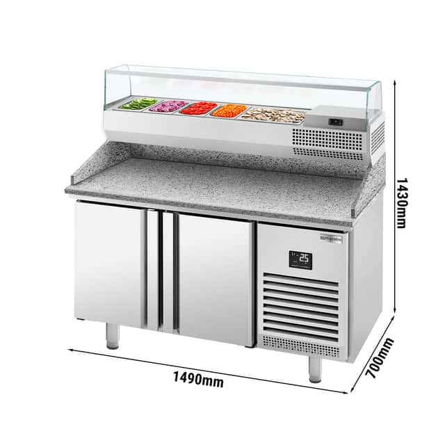 Pizzakühltisch Premium PLUS - 1490x700mm - mit 2 Türen - inkl. Kühlaufsatzvitrine - 6x GN 1/4