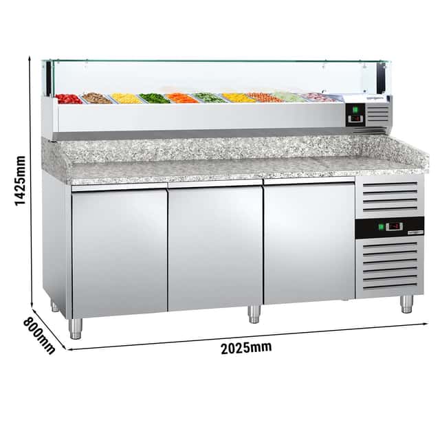 Pizzakühltisch PREMIUM - 2000x800mm - mit 3 Türen - inkl. Kühlaufsatzvitrine LED - 10x GN 1/4