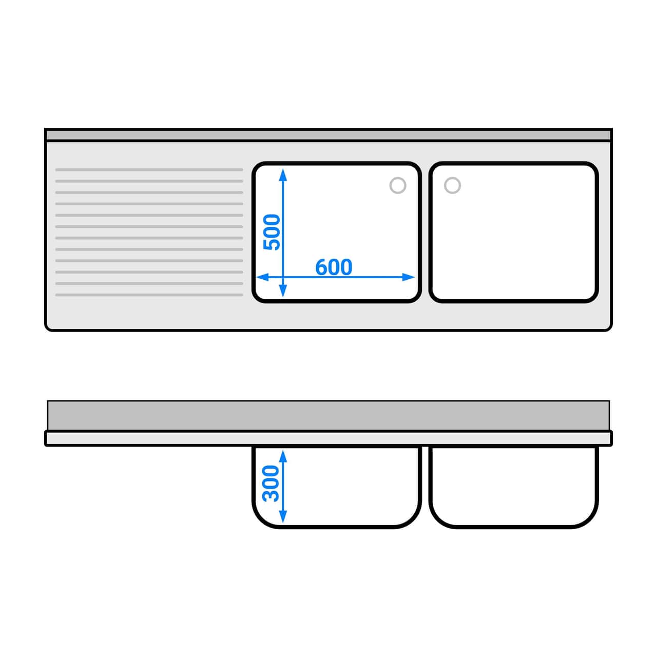 Spülschrank - 2000x700mm - mit Abfallbehälter & 2 Becken rechts