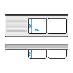 Spülschrank - 2000x700mm - mit Abfallbehälter & 2 Becken rechts