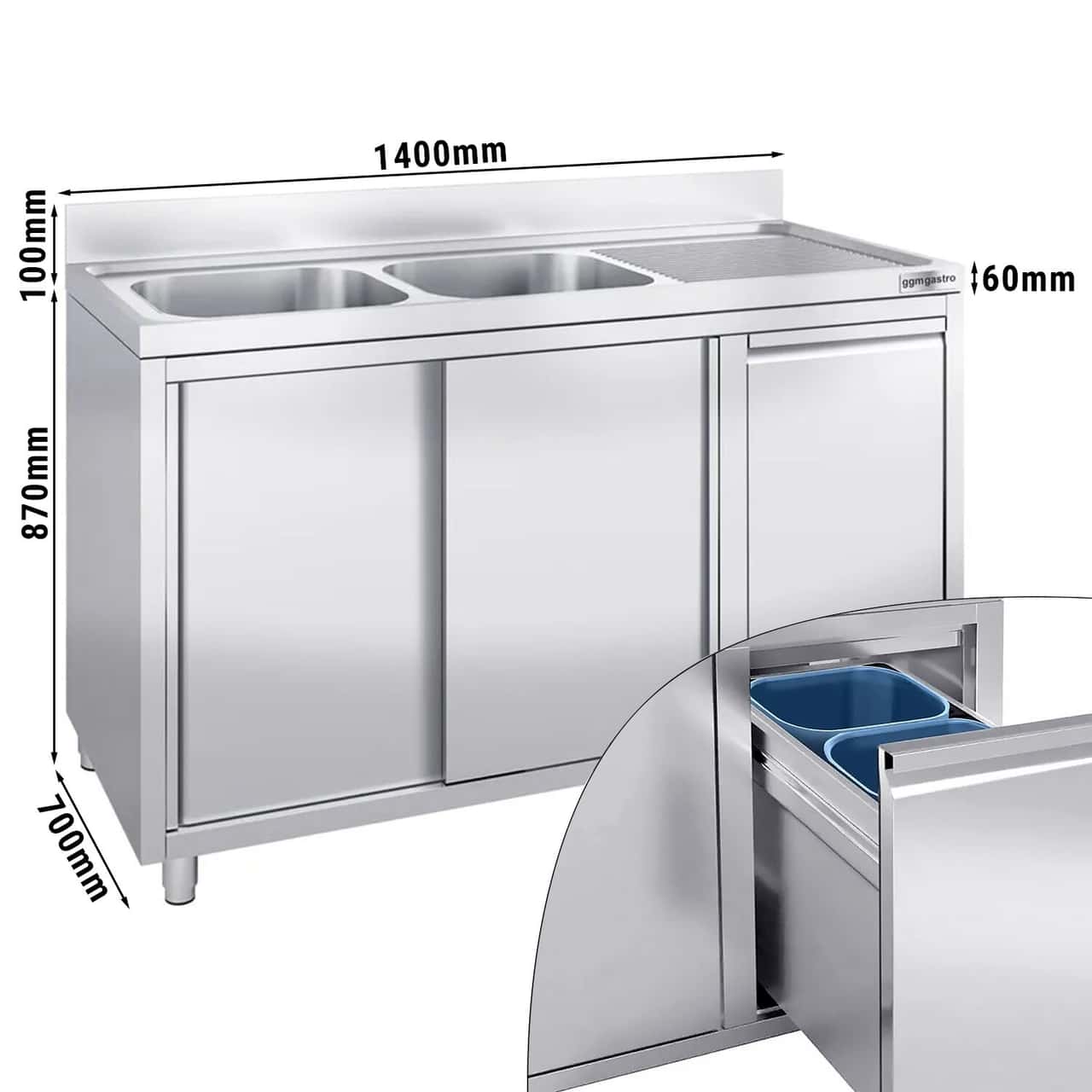 Spülschrank - 1400x700mm - mit Abfallbehälter & 2 Becken links