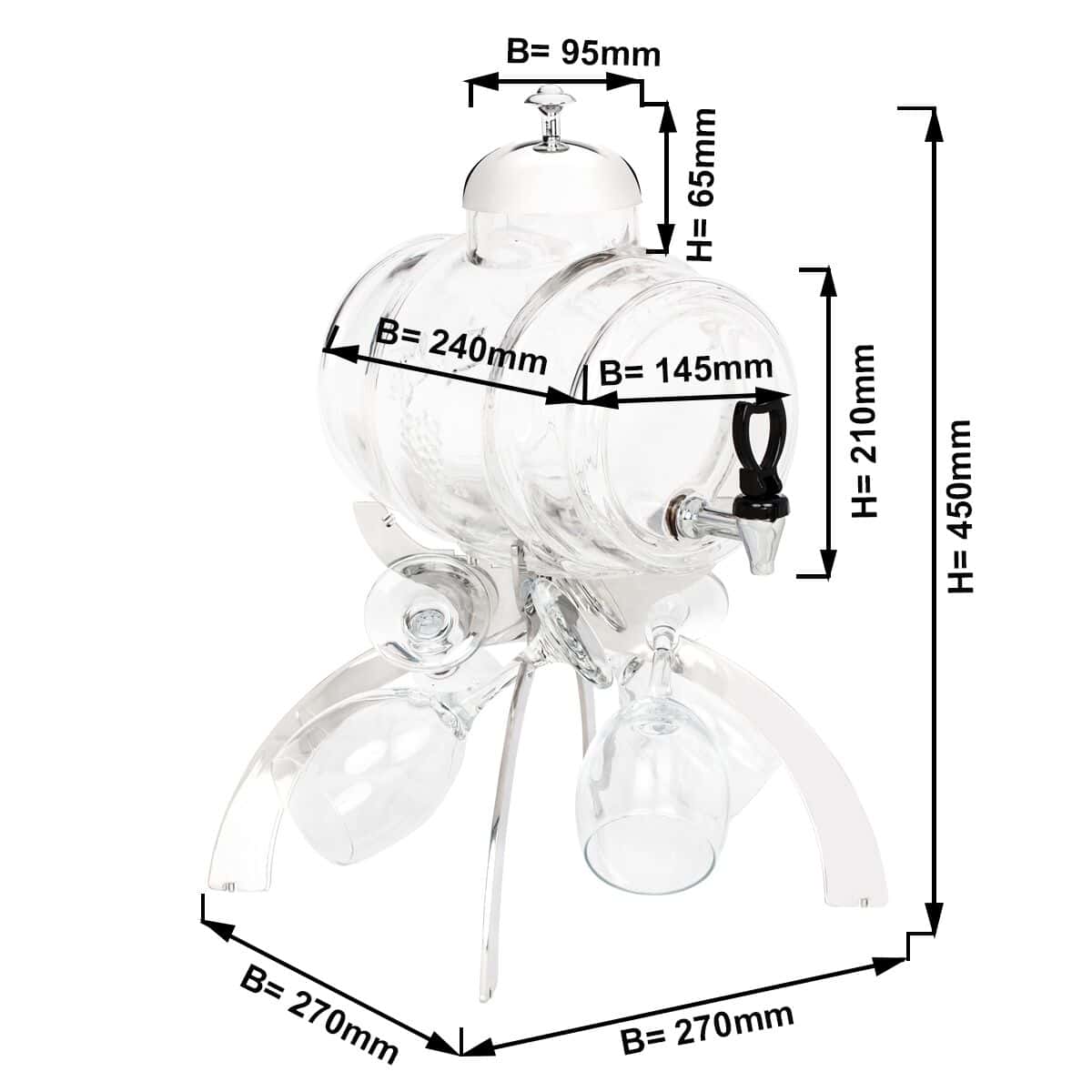 Weinspender - 4 Liter - Chrom - inkl. 4 Weingläser