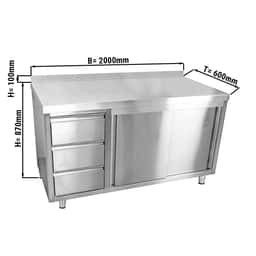 Edelstahl Arbeitsschrank ECO - 2000x600mm - mit 3 Schubladen links & Aufkantung