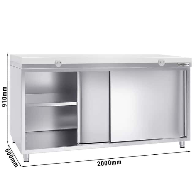 Stainless steel work cabinet PREMIUM - 2000x600mm - with sliding door without backsplash incl. cutting plate