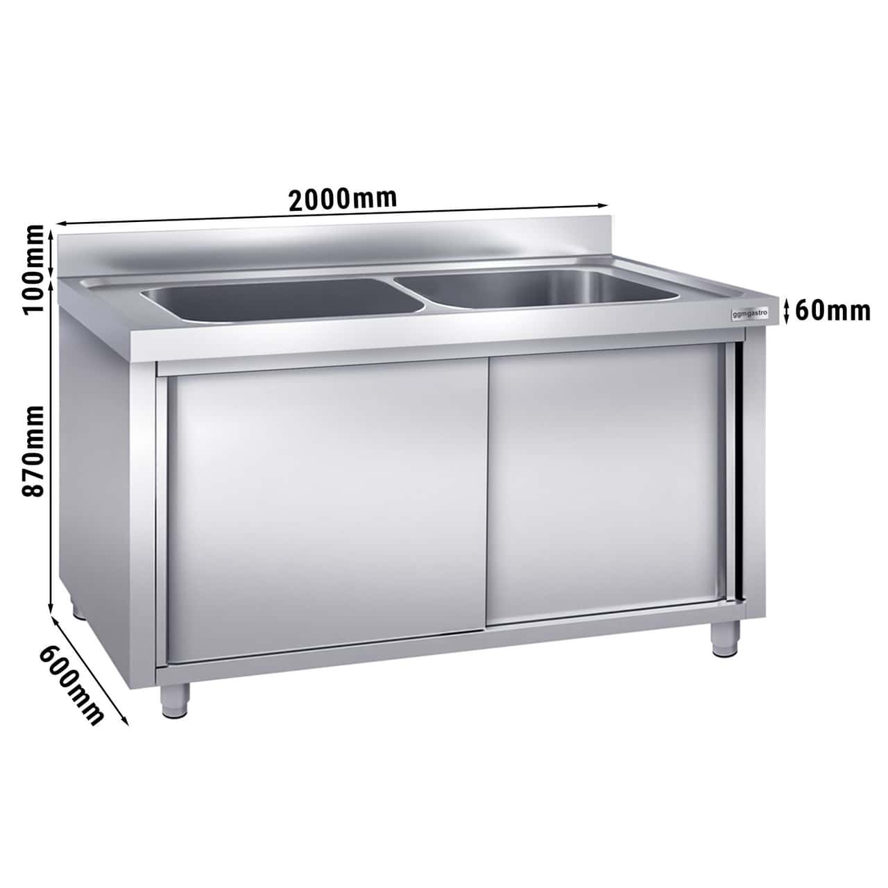 Topfspülschrank - 2000x600mm - mit 2 Becken