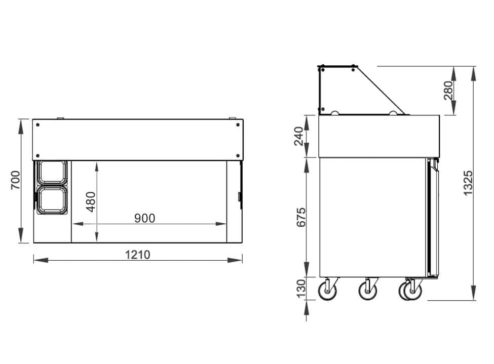 Zubereitungstisch - 1210mm - für 9x GN 1/6 - 2 Türen