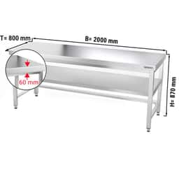 Edelstahl Arbeitstisch PREMIUM - 2000x800mm - mit Grundboden & Verstrebung