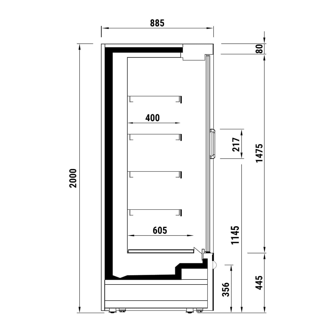 Wandkühlregal - 1020mm - 602 Liter - mit LED-Beleuchtung, isolierten Glastüren & 4 Ablagen