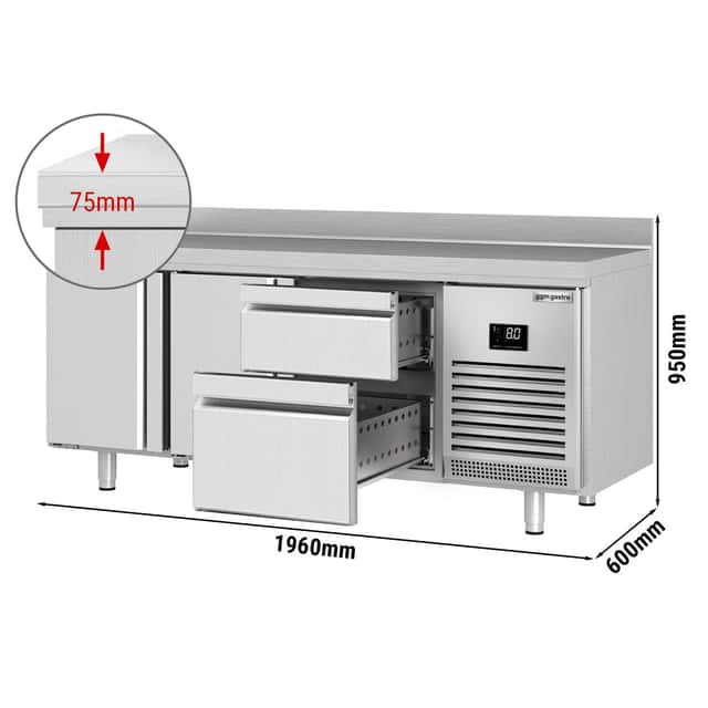 Kühltisch Premium PLUS - 1960x600mm - mit 2 Türen & 2 Schubladen & mit Aufkantung