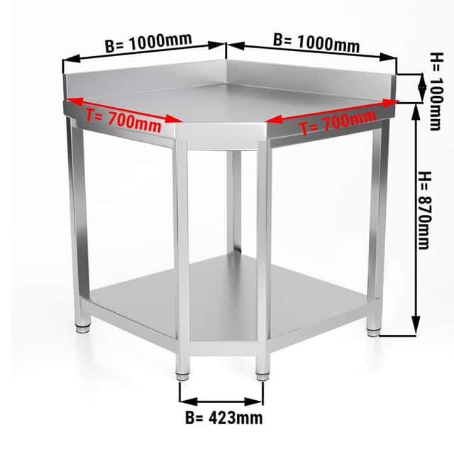 Edelstahl Eckarbeitstisch PREMIUM - 1000x700mm - mit Grundboden & Aufkantung