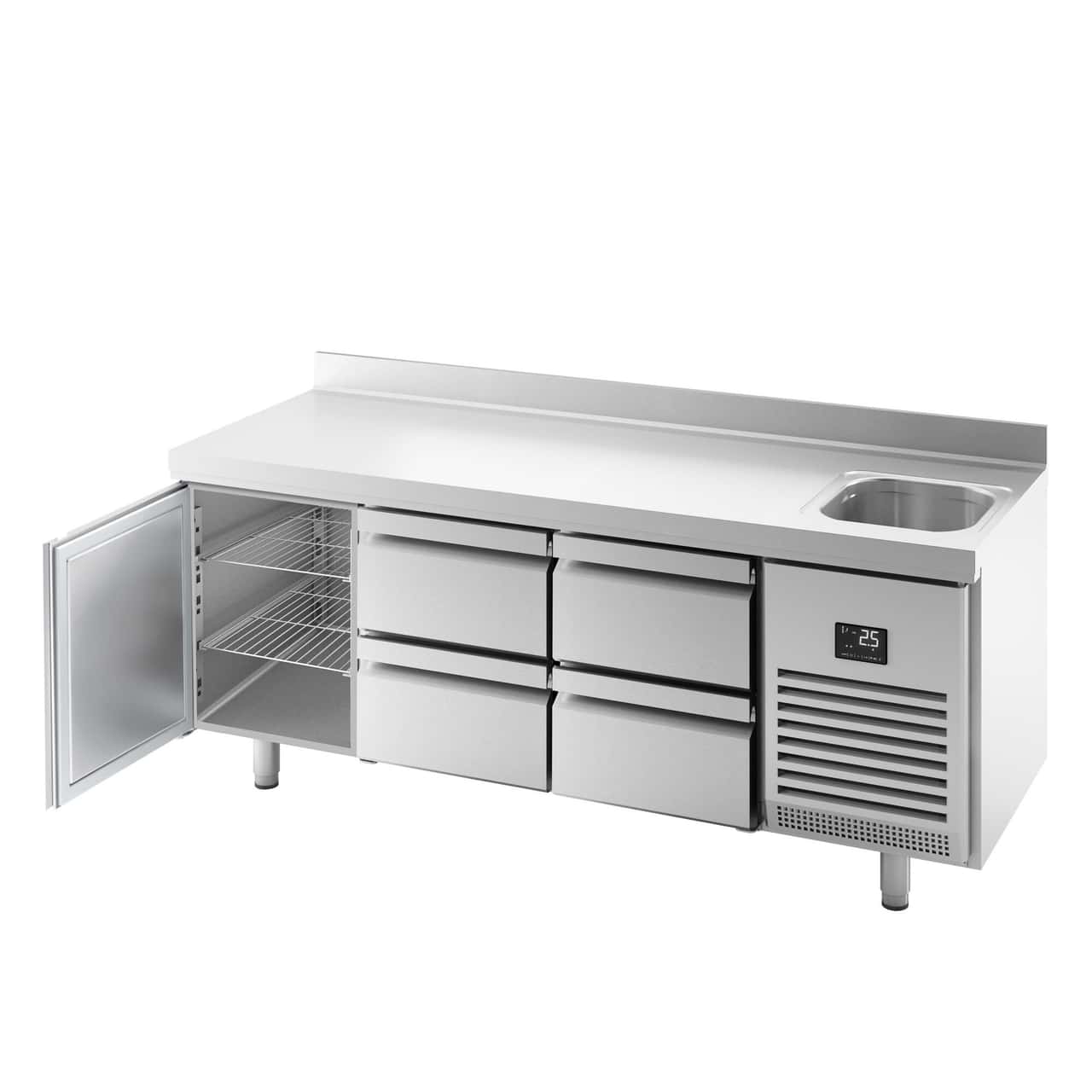 Refrigerated counter Premium PLUS - 1960x600mm - with 1 sink, 1 door, 4 drawers & backsplash