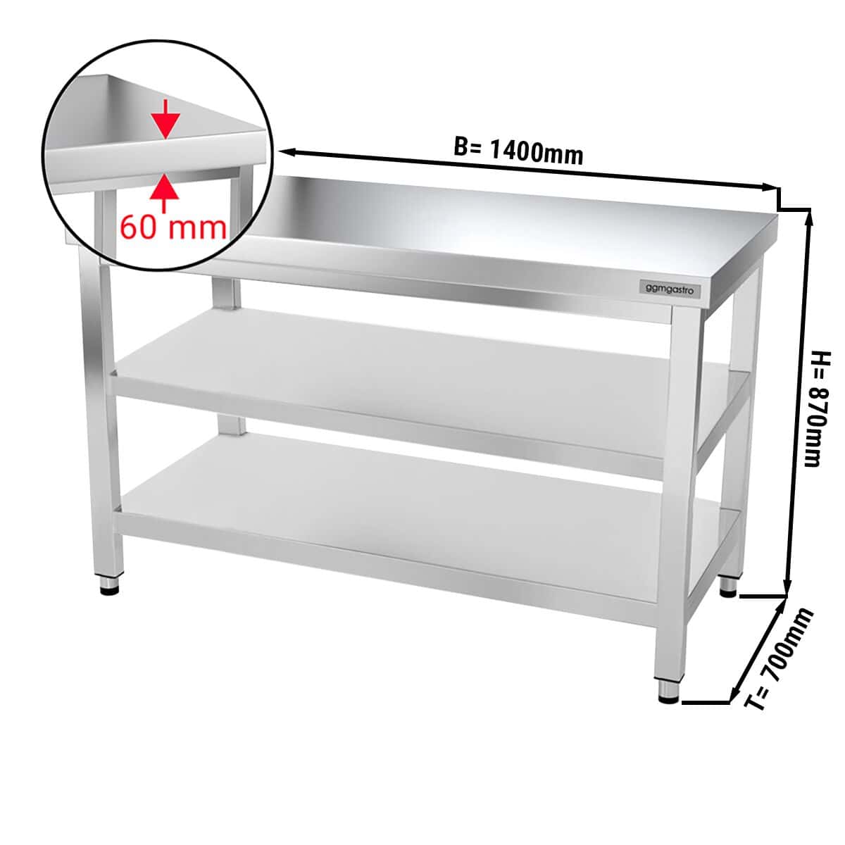 Edelstahl Arbeitstisch PREMIUM - 1400x700mm - mit Grundboden & Zwischenboden