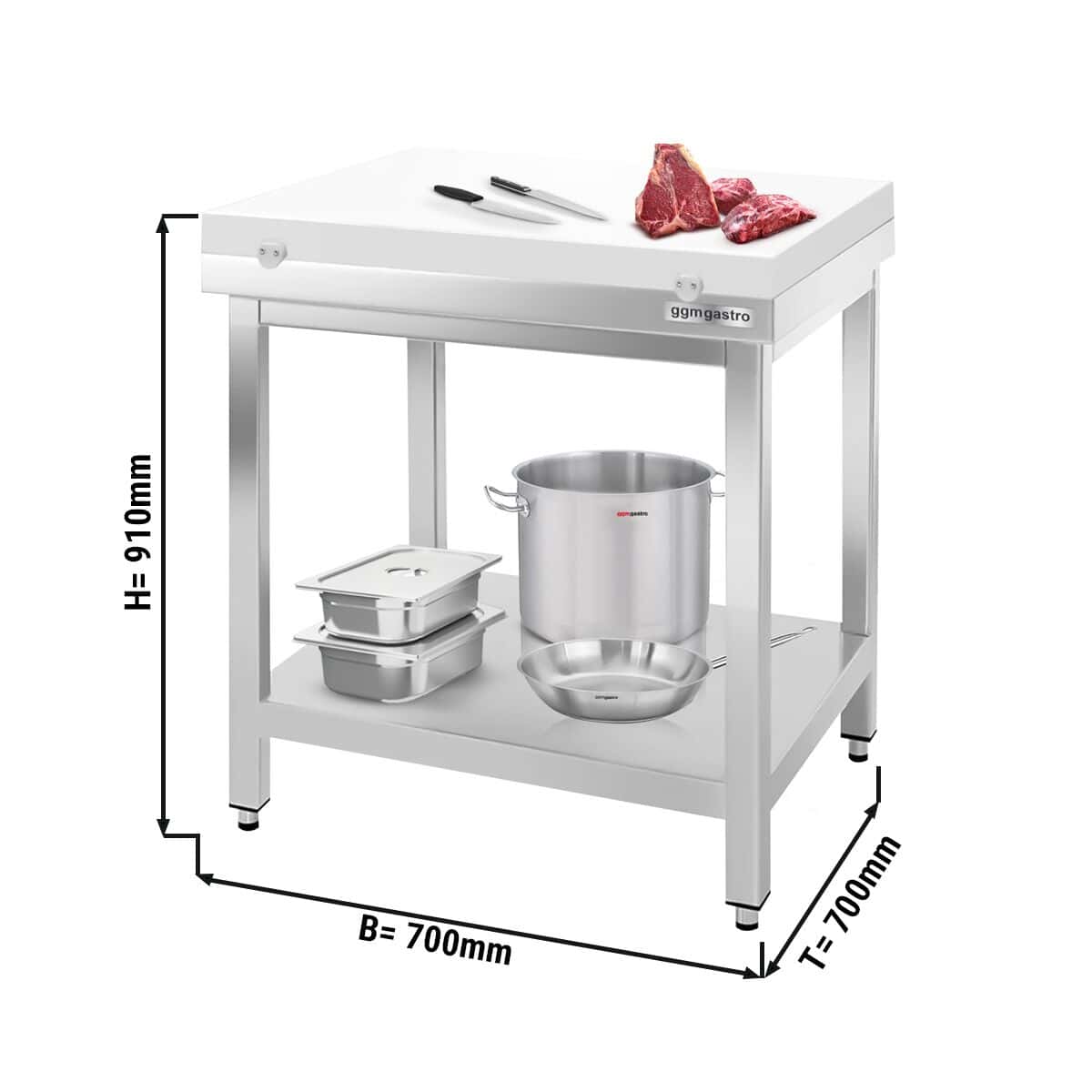 Stainless steel worktable PREMIUM - 700x700mm - with base shelf without upstand incl. cutting plate