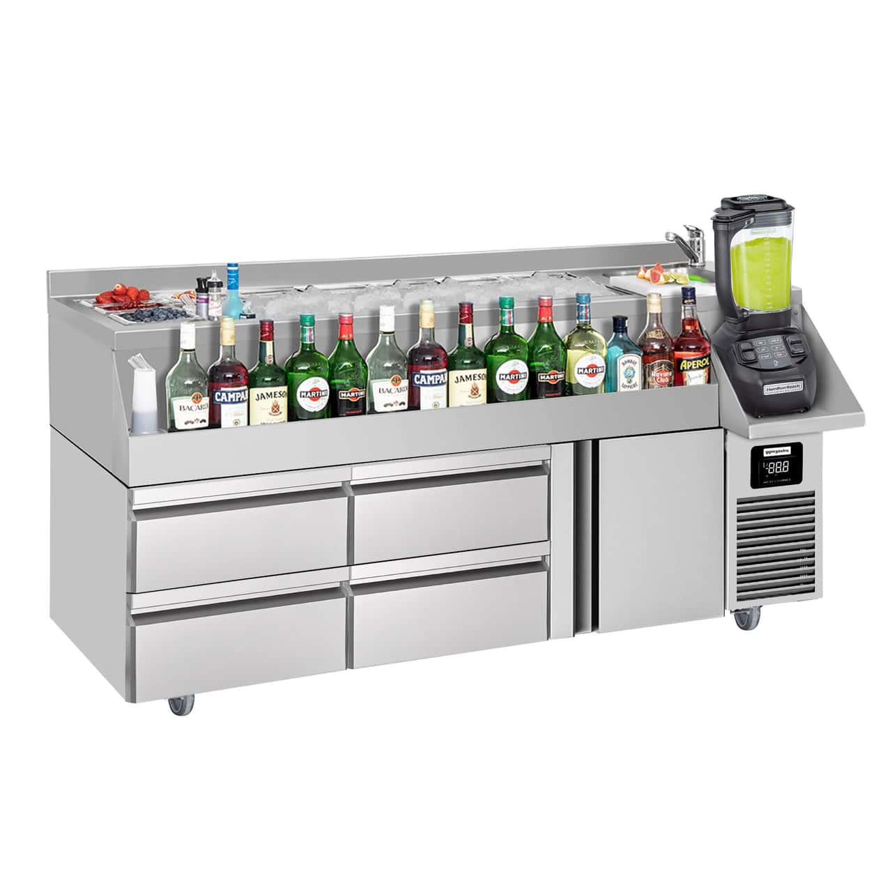 Bar- & Getränkekühltisch - 1600x600mm - 235 Liter - mit 1 Tür, 4 Schubladen & Ablagen