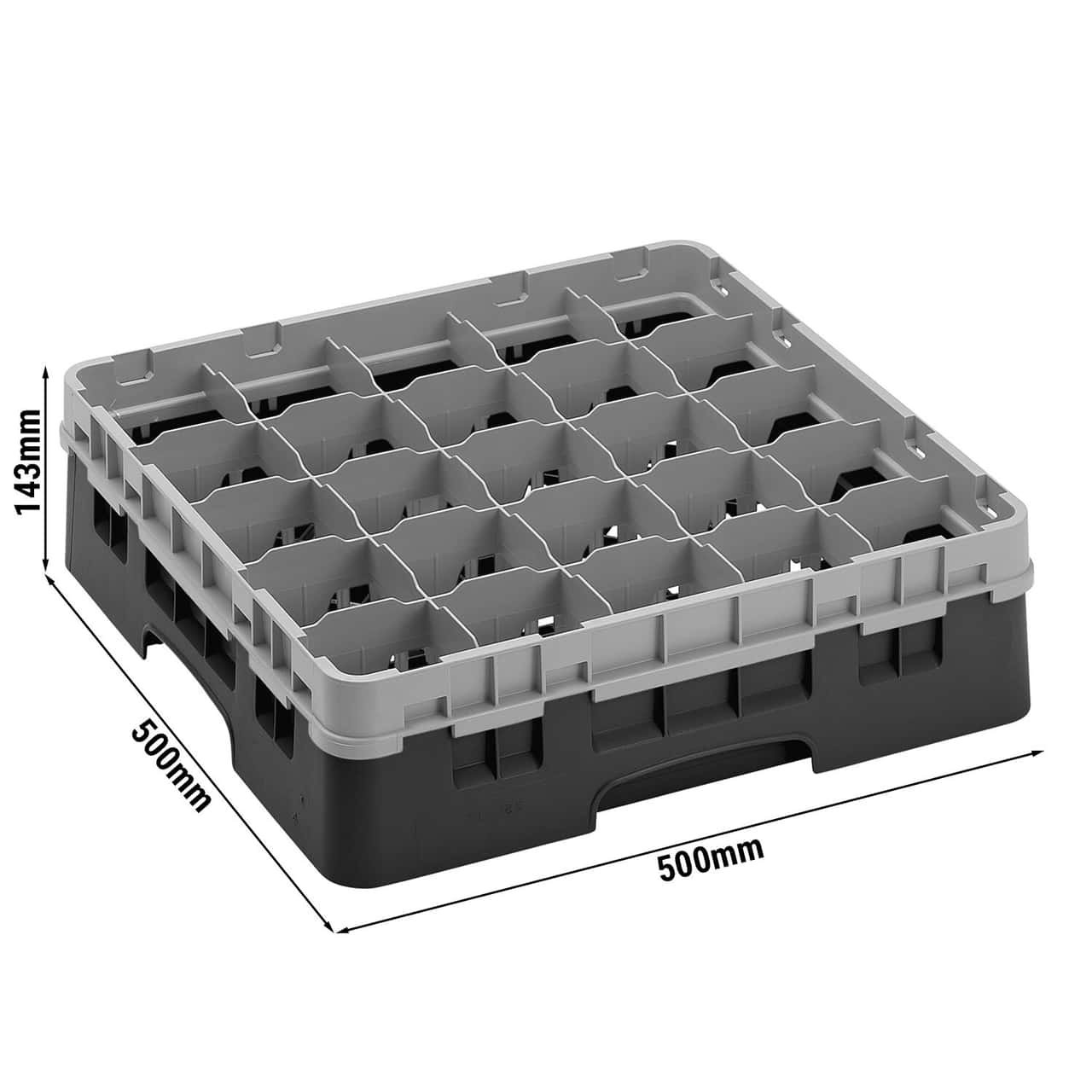 CAMBRO | CAMRACK® - Koš na sklo 1/1 s 1 nástavcem - 500x500mm - 25 přihrádek - černý