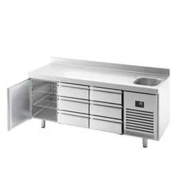 Refrigerated counter Premium PLUS- 1960x700mm - with 1 sink, 1 door, 6 drawers & backsplash