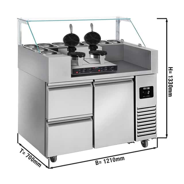 Zubereitungstisch - 1210mm - für 9x GN 1/6 - 1 Tür & 2 Schubladen - inkl. Waffeleisen - Herzform