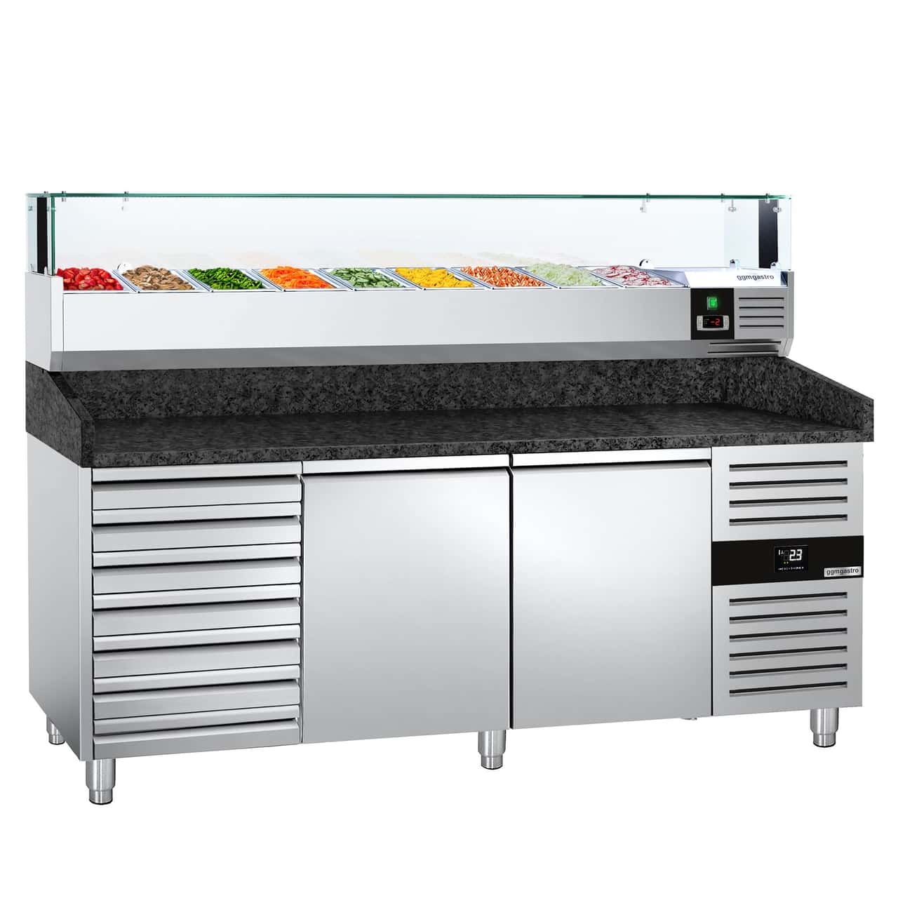 Pizzakühltisch PREMIUM - 2000x800mm - mit 2 Türen & 7 Schubladen - inkl. Kühlaufsatzvitrine LED - 9x GN 1/3