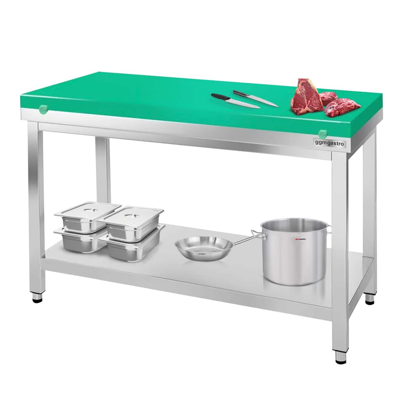 Worktable PREMIUM stainless steel - 1200x800mm - with undershelf without backsplash incl. cutting plate