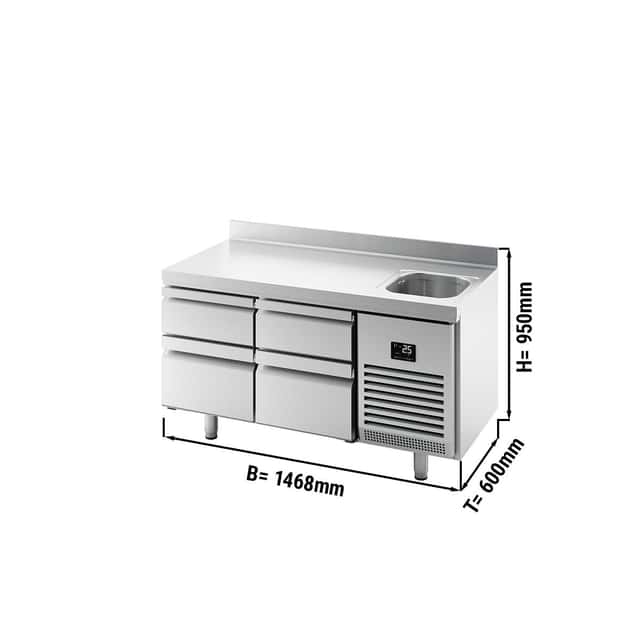 Refrigerated counter Premium PLUS - 1468x600mm - with 1 sink, 4 drawers & backsplash