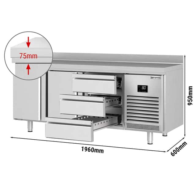 Kühltisch Premium PLUS - 1960x600mm - mit 2 Türen & 3 Schubladen & mit Aufkantung