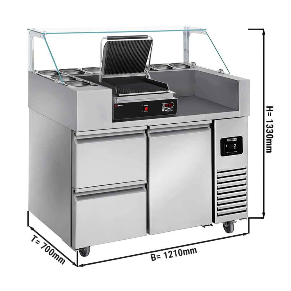 Zubereitungstisch - 1210mm - für 9x GN 1/6 - 1 Tür & 2 Schubladen - inkl. Digitalem Kontaktgrill