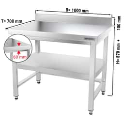 Edelstahl Arbeitstisch PREMIUM - 1000x700mm - mit Grundboden, Aufkantung & Verstrebung