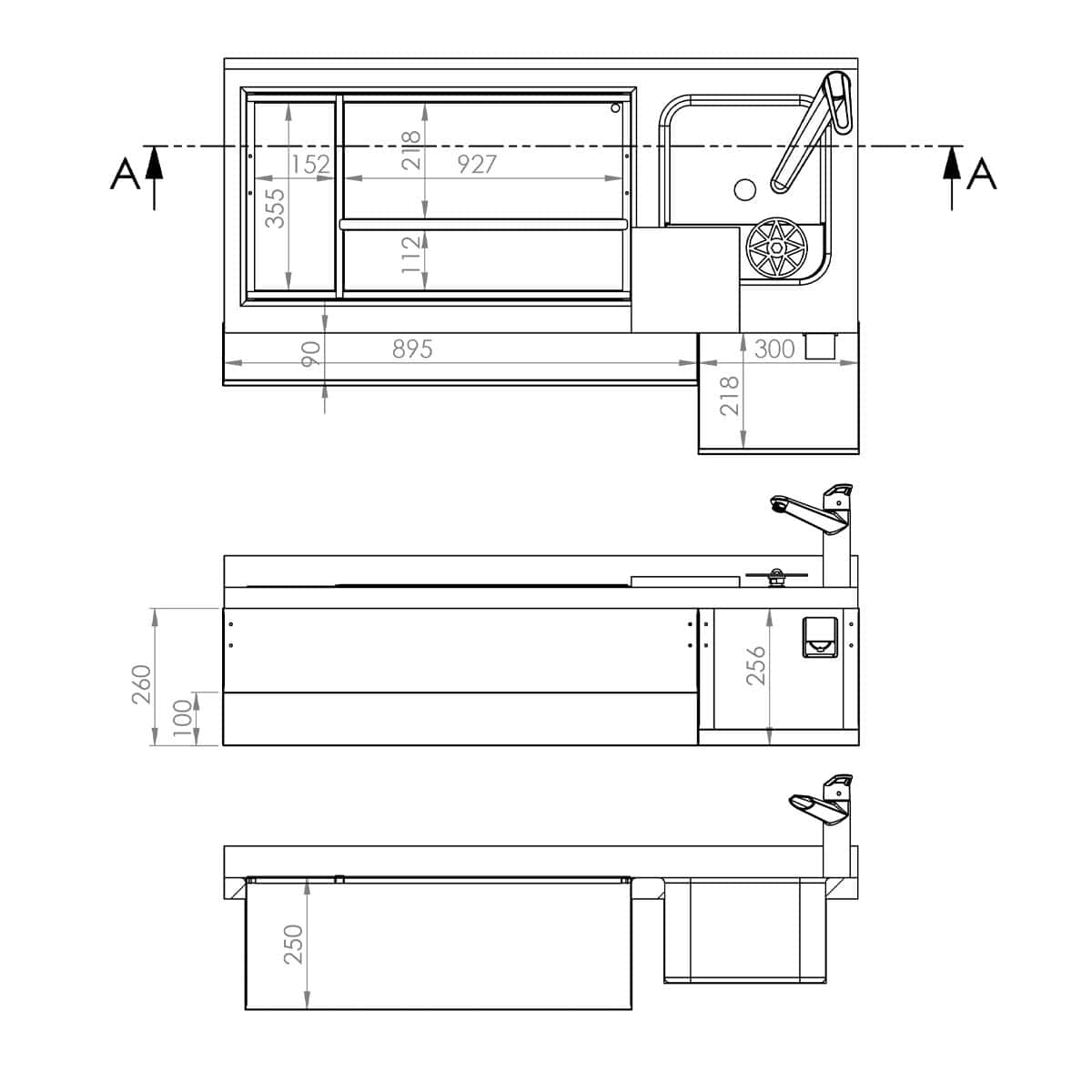 Bar- & Getränkekühltisch - 1600x600mm - 235 Liter - mit 3 Türen & Ablagen