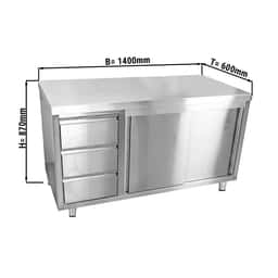 Edelstahl Arbeitsschrank ECO - 1400x600mm - mit 3 Schubladen links ohne Aufkantung