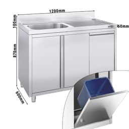 Dřezová skříňka z nerezové oceli s odpadkovým košem - 1,2 m - 1 dřez vlevo - D 50 x Š 40 cm
