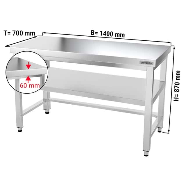 Edelstahl Arbeitstisch PREMIUM - 1400x700mm - mit Grundboden & Verstrebung