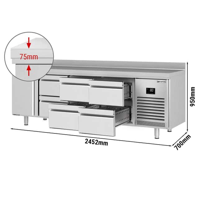 Kühltisch Premium PLUS - 2452x700mm - mit 1 Tür & 6 Schubladen & mit Aufkantung