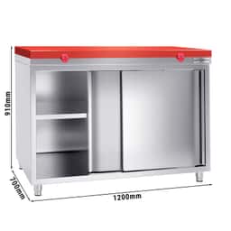 Stainless steel work cabinet PREMIUM - 1200x700mm - with sliding door without backsplash incl. cutting plate