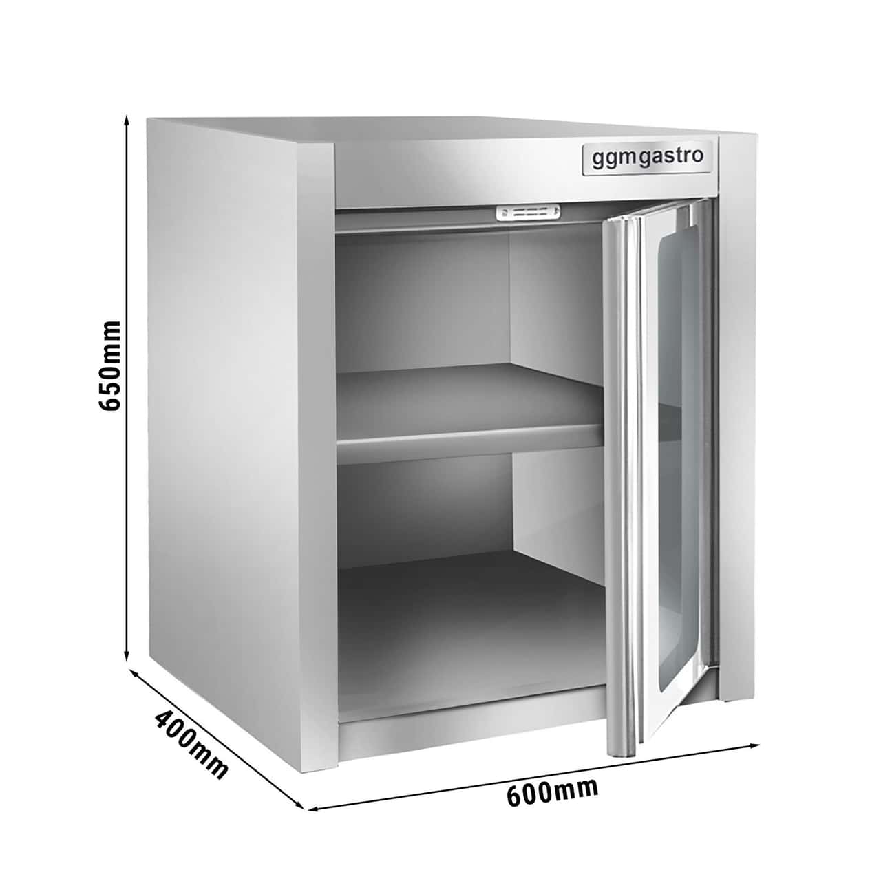 Stainless steel wall cabinet 600x400mm - with glass wing door - 650mm high