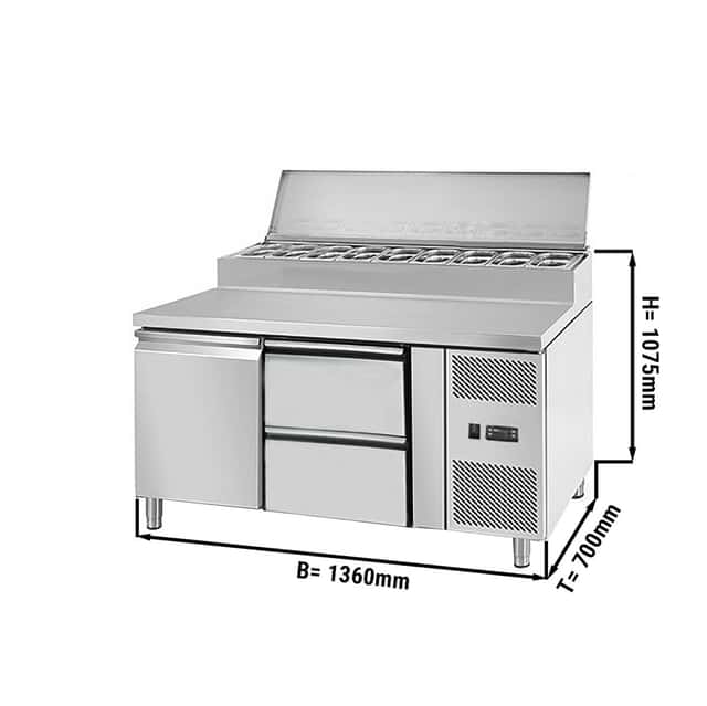 Zubereitungstisch ECO - 1360mm - für 7x GN 1/3 - 1 Tür & 2 Schubladen