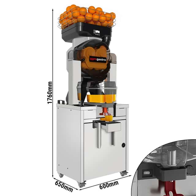 Elektrische Orangenpresse - mit Kühlung, automatischer Fruchtzufuhr, Saftspeicher, Reinigungsmodus & Untergestell - Silber