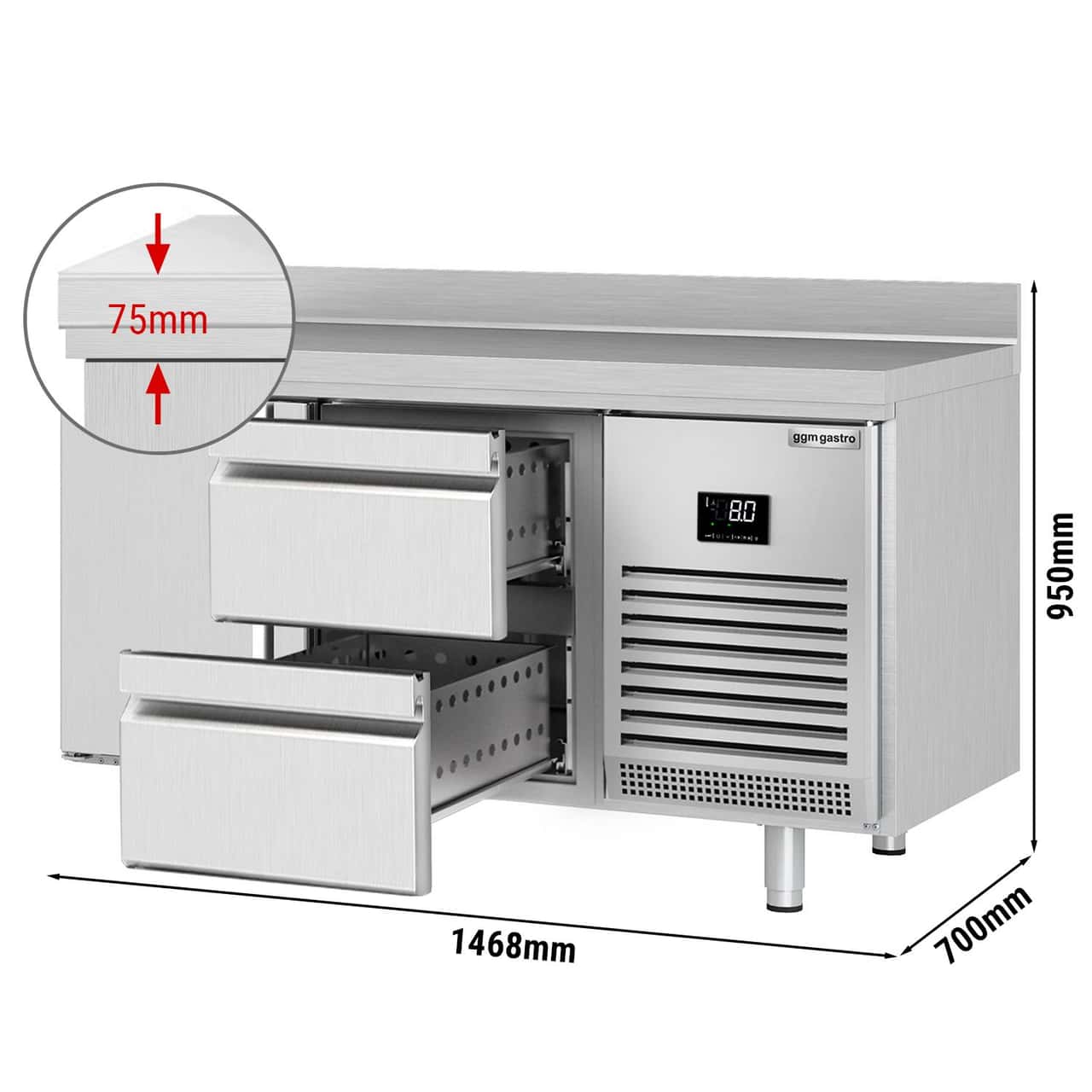 Kühltisch Premium PLUS - 1468x700mm - mit 1 Tür & 2 Schubladen & mit Aufkantung