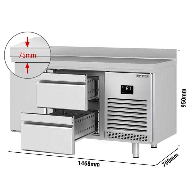 Kühltisch Premium PLUS - 1468x700mm - mit 1 Tür & 2 Schubladen & mit Aufkantung