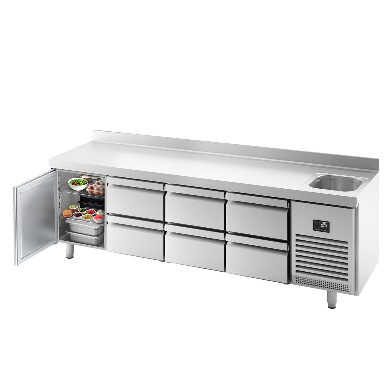 Refrigerated counter Premium PLUS - 2452x600mm - with 1 sink, 3 doors, 2 drawers & backsplash