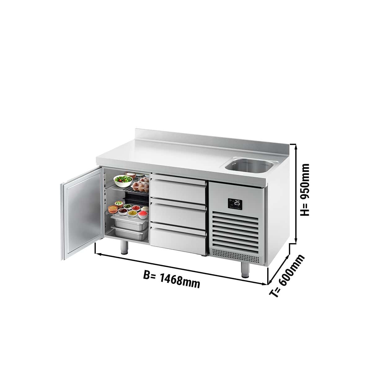 Refrigerated counter Premium PLUS- 1468x600mm -  with 1 sink, 1 door, 3 drawers & backsplash