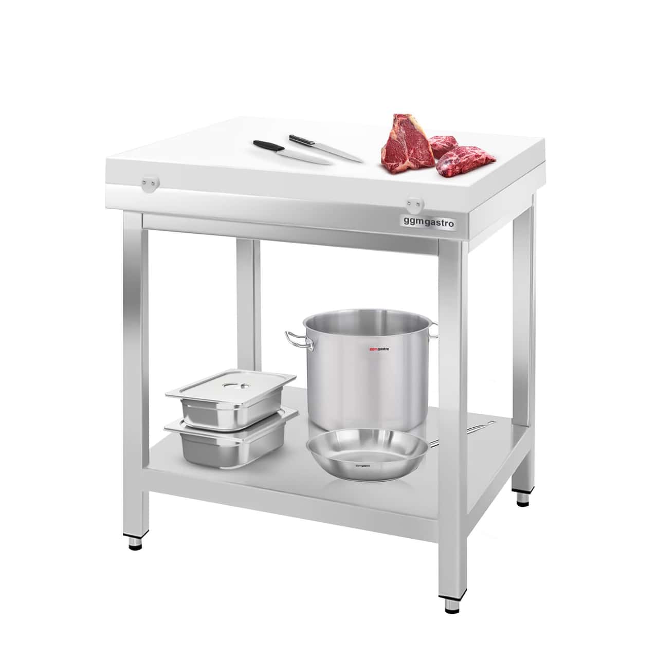 Stainless steel worktable PREMIUM - 700x700mm - with base shelf without upstand incl. cutting plate